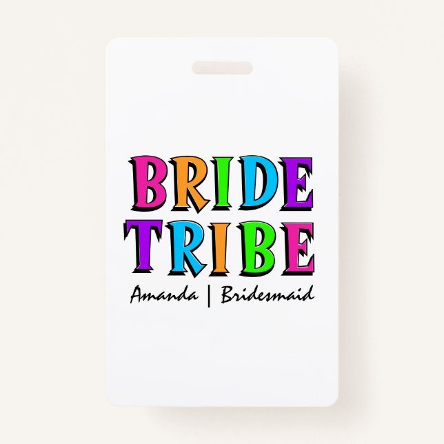 Crachá Tribo Bride | Neon Rainbow Bachelorette Bridesmaid (Frente)