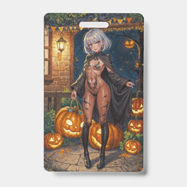 Crachá Trick ou Treator, Corajosa Menina de Figurino de H (Frente)