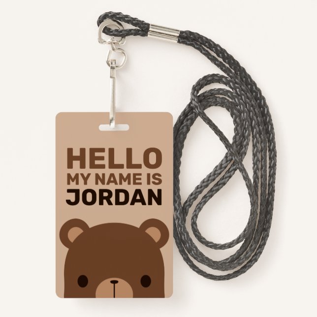 Crachá Urso Castanho Bonito com Nome Personalizado (Frente com cordão)