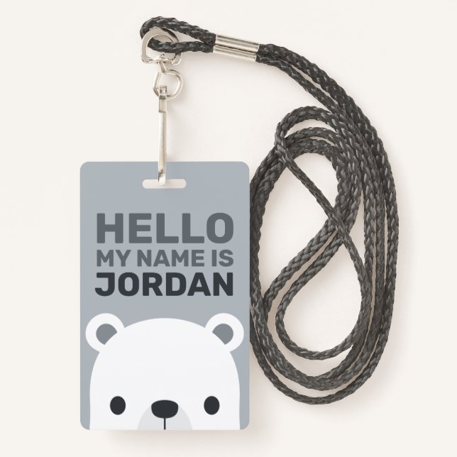 Crachá Urso Polar Bonito com Nome Personalizado (Frente com cordão)