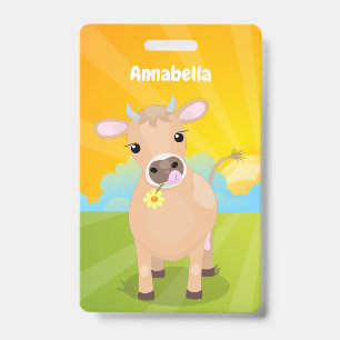Crachá Vaca da raça Jersey fofa e feliz e desenho de flor