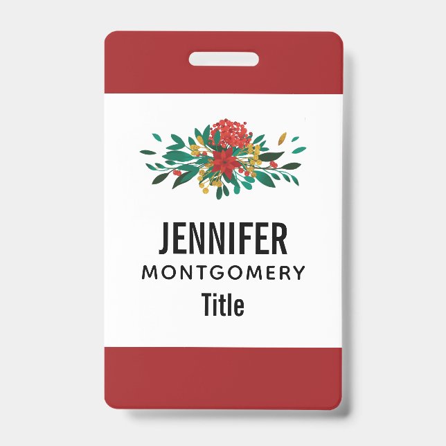 Crachá Verde Vermelho Moderno e Dourado Natal Floral (Frente)