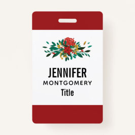 Crachá Verde Vermelho Moderno e Dourado Natal Floral