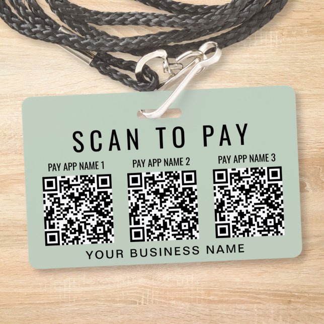 Crachá Verificação Comercial para Pagar 3 Códigos QR Verd (Business Scan to Pay 3 QR Codes Sage Green Badge)