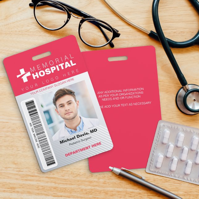 Crachá Vermelho de ID Hospitalar com Foto e Código (Criador carregado)