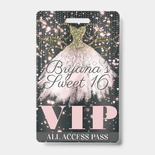 Crachá Vestido Brilho Dourado Rosa Cinza Doce 16 VIP Pass