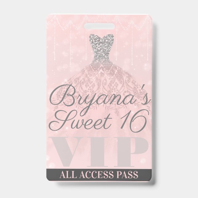 Crachá Vestido Rosa Prata Brilho Doce 16 VIP Pass (Frente)
