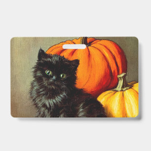 Crachá Vintage Halloween Black Cat e Pumpkins