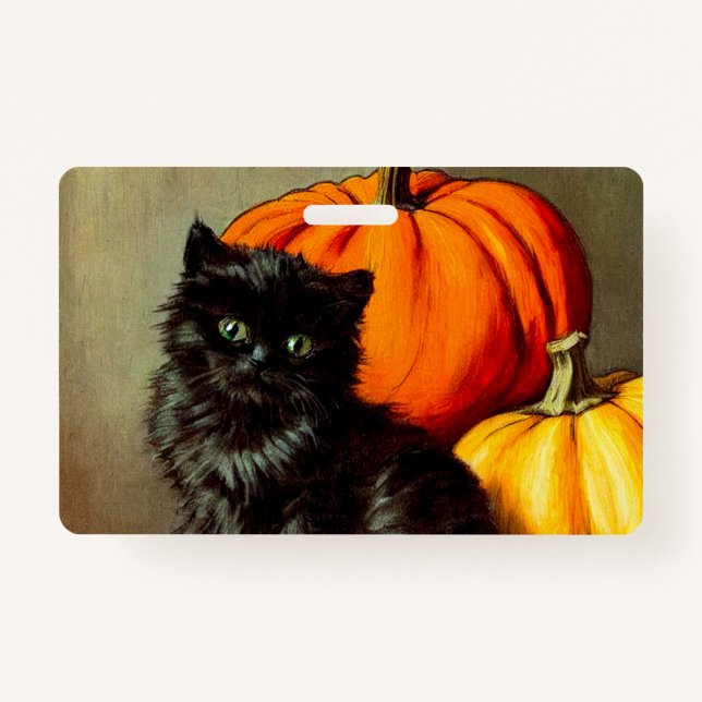 Crachá Vintage Halloween Black Cat e Pumpkins (Frente)