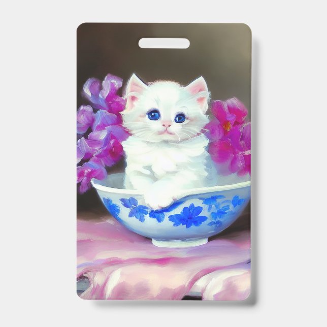 Crachá Vintage White Kitten com Flores Rosa (Frente)