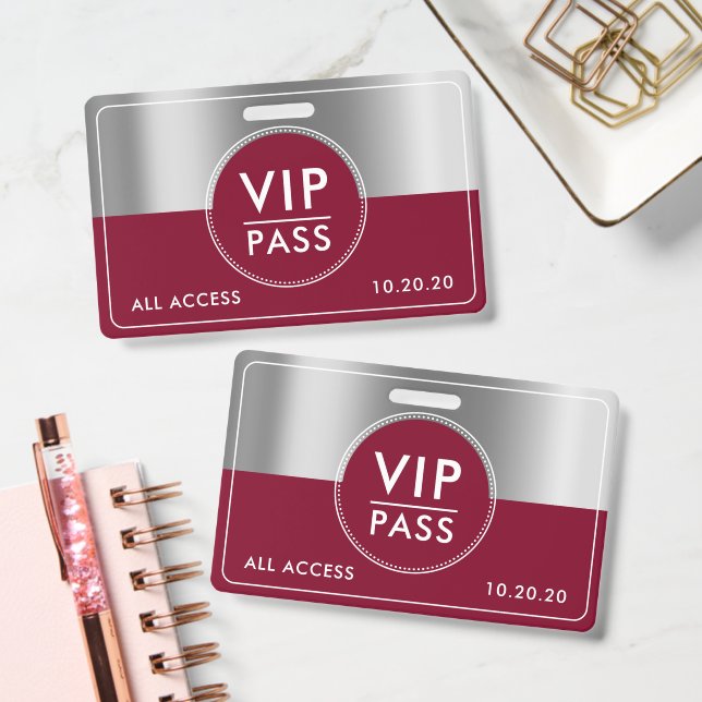 Crachá VIP All Access Event Metallic Silver Burgundy (Office)