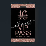 Crachá VIP de Convite à rosa Dourada Glitter Black Sweet<br><div class="desc">Os convites para Crachás de acesso universal de cor rosa Dourada e brilhante preto Doce 16 VIP podem ser personalizados com o nome de cada convidado ou criar um monograma para a doce garota de 16 anos. Os detalhes do convite de festas são impressos no verso com fontes cursivas modernas...</div>