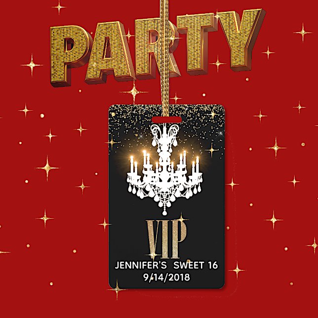 Crachá VIP de festa Sweet 16 com lustre iluminado (Criador carregado)