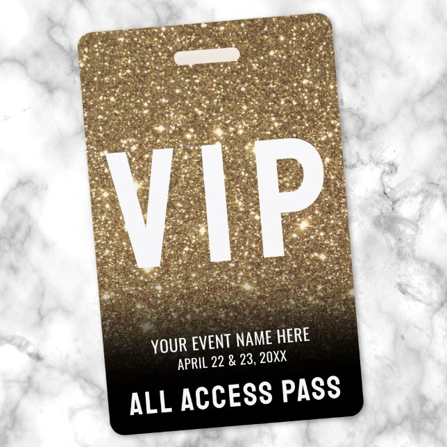 Crachá VIP Glitter Preto Dourado Acesso Total (All Access Black Gold VIP Badge)