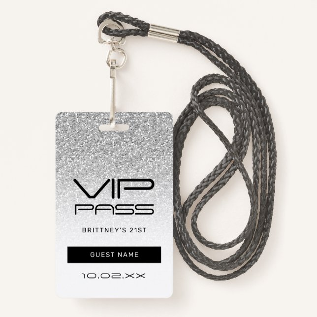 Crachá VIP Pass 21 rua de Glama de Ombre Silver Glam (Frente com cordão)