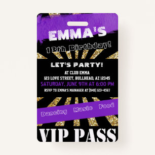Crachá VIP Roxo e Dourado Qualquer Convite Aniversário Pa