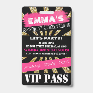 Crachá VIP Sweet 16 ou qualquer texto personalizado de ap
