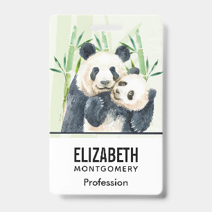 Crachá Watercolor Panda Bears Mãe e Bebê em Bambu