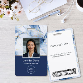 Crachá White Marble Navy Blue Gold Custom Name Badge