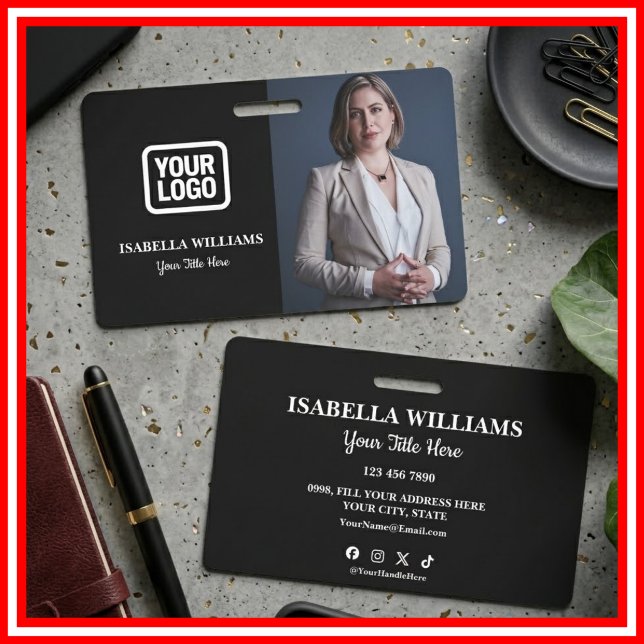 Crachá Your Logo Here Modern Black Photo Staff Name (Criador carregado)