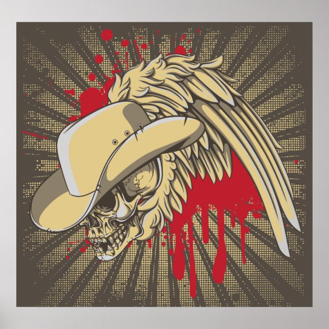 Crânio com chapéu e asa em raios poster personaliz (Frente)