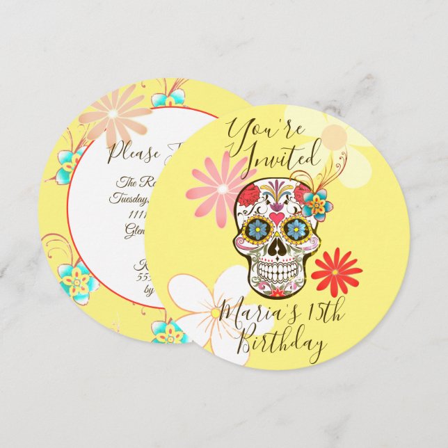 Cranio de Açúcar Amarelo, Convite Floral Hippie Ro (Frente/Verso)