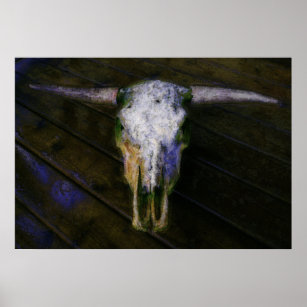 Crânio de Vaca Artístico com Poster de Cavalos