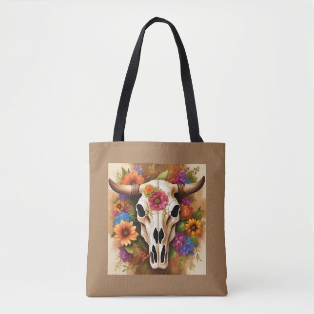 Crânio de Vaca Floral Moderno com Bolsa de Flores (Frente)