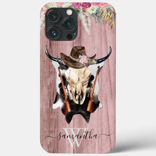 Crânio de Vaca Ocidental Rosa Monograma de Cowboy (Verso)