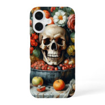 Crânio e fruta em capa estilo Vanitas 