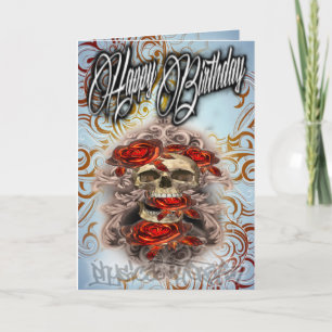 Crânio e rosas de cartão de aniversário