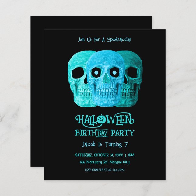 Crânio Engraçado Gótico Azul Teal Halloween Orçame (Frente/Verso)