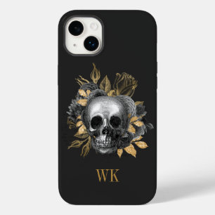 Crânio Floral Gótico Vintage Preto e Dourado