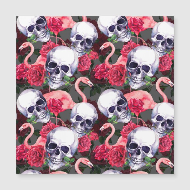 Crânio floral, padrão contínuo de flamingo. (Frente)