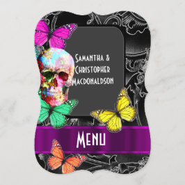 Crânio gótico no menu preto do casamento