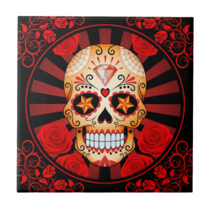 Crânio vermelho do açúcar do vintage com poster