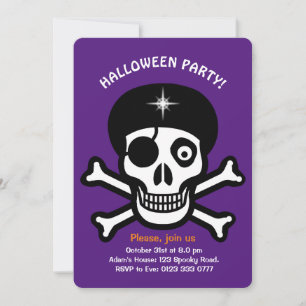 crânios de Halloween em convite laranja e roxo