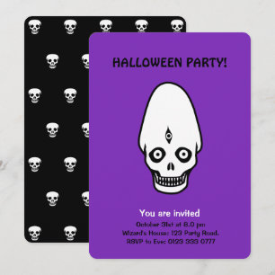 crânios de Halloween em convite preto e roxo