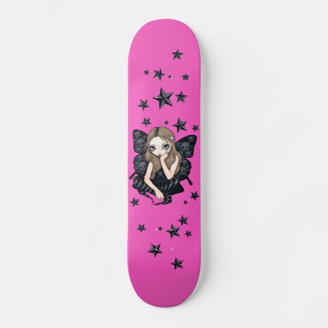 Crânios e estrelas fadas góticas cor-de-rosa skate (Frente)