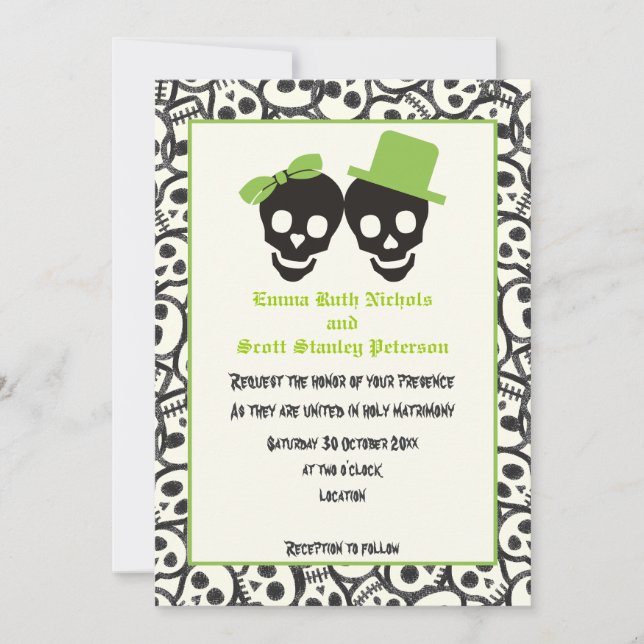 Crânios elegantes convite para o casamento verde d (Frente)