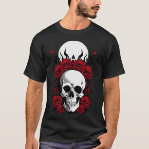 Crânios góticos e flores vermelhas Camiseta escura