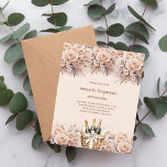 Cream beige rosa florals boho convite de aniversár<br><div class="desc">Um convite moderno, na moda e glamouroso para uma festa de aniversário. Creme, fundo colorido de pêssego, decorado com uma cesta de flautas, frascos de vinho espumante e beige, flores coloridas de creme. Personalize e adicione os detalhes da sua festa. 1 folha = 1 convite impresso de borda a borda....</div>
