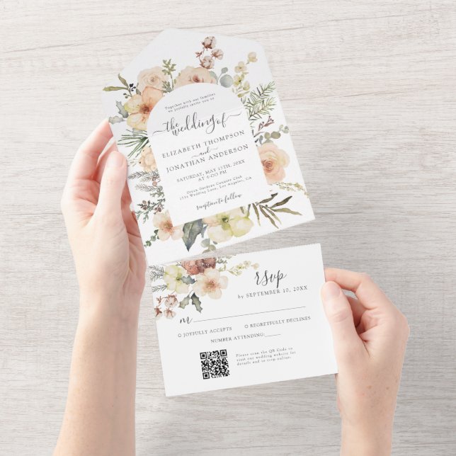 Cream Boho Christmas QR Code Winter Floral Weding (Tearaway)