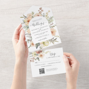 Cream Boho Christmas QR Code Winter Floral Weding
