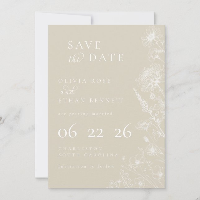 Cream Botanical Minimal Wedding Save the Date (Frente)
