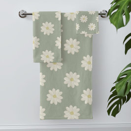 Cream Daisy Pattern Sage Green Bath Toalha