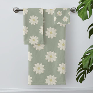 Cream Daisy Pattern Sage Green Bath Toalha