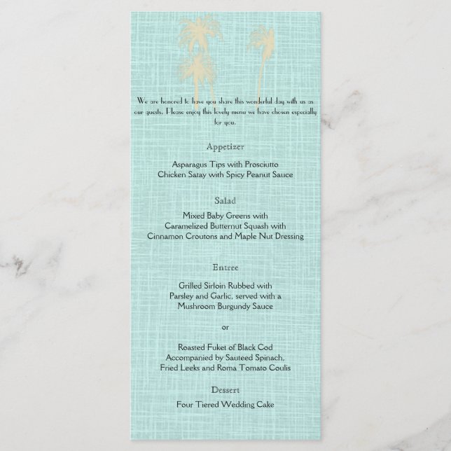 Cream Linen Blue Palm Trees Menu Casamento (Frente)