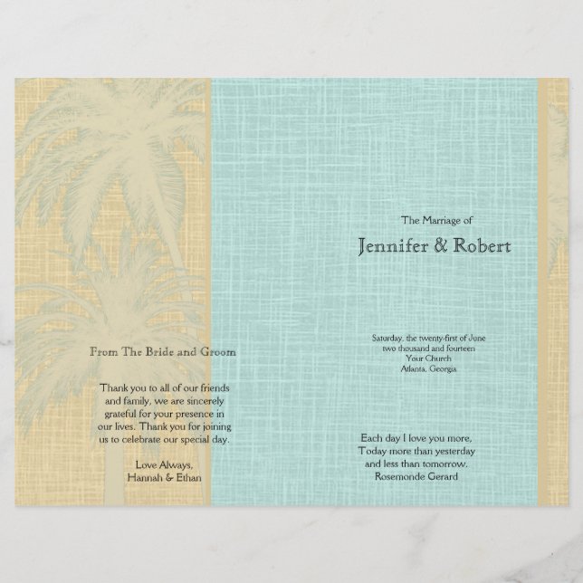 Cream Linen e Blue Palm Trees Wedes Program (Frente)