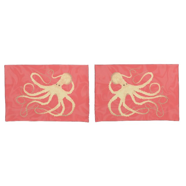 Cream Octopus em Coral - 2 Pillowcases padrão (Frente - conjunto)